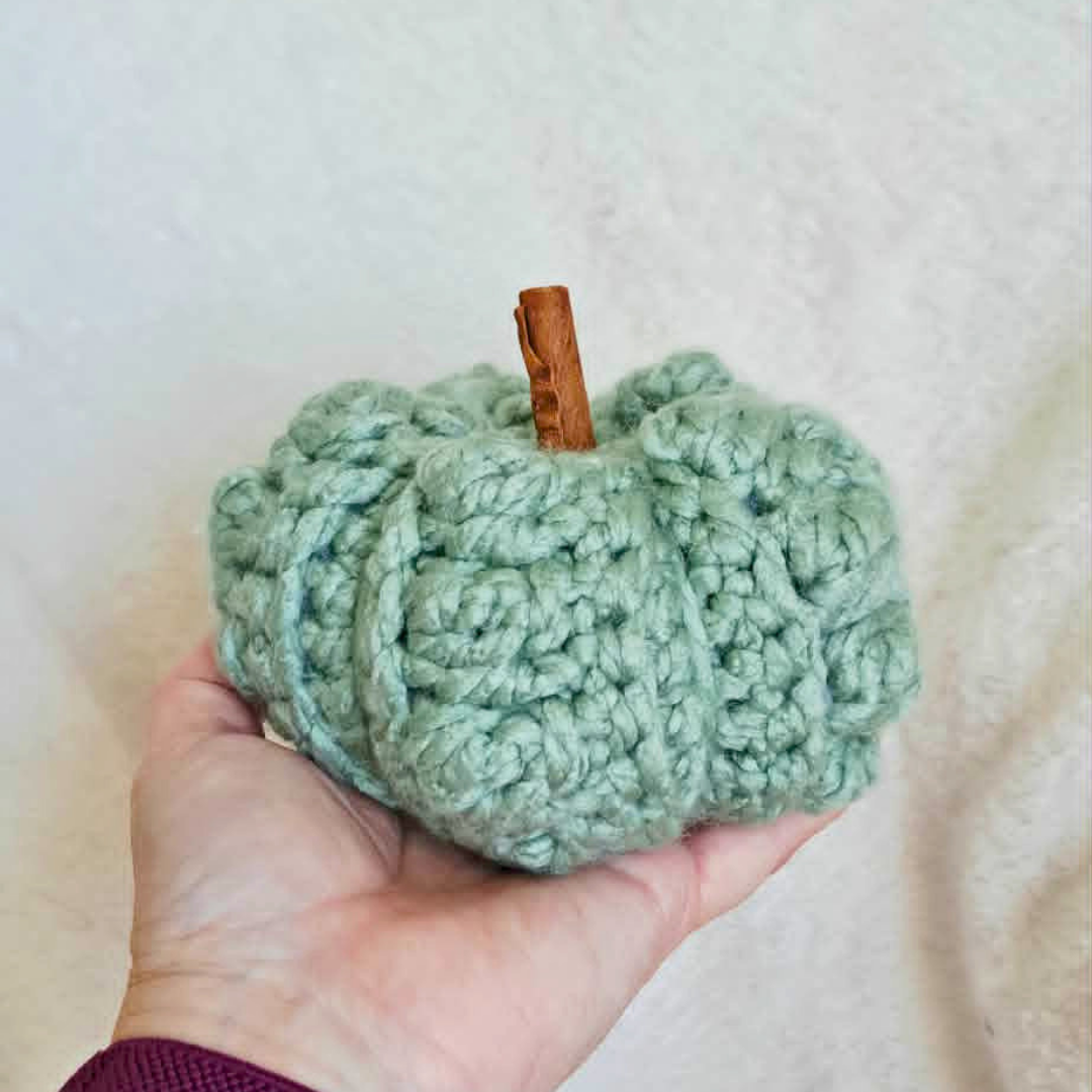 Large Crochet Pumpkin | Sage Green Fall Decor | Handmade Textured Pumpkin with Cinnamon Stick Stem | Cozy Autumn Home Decor
