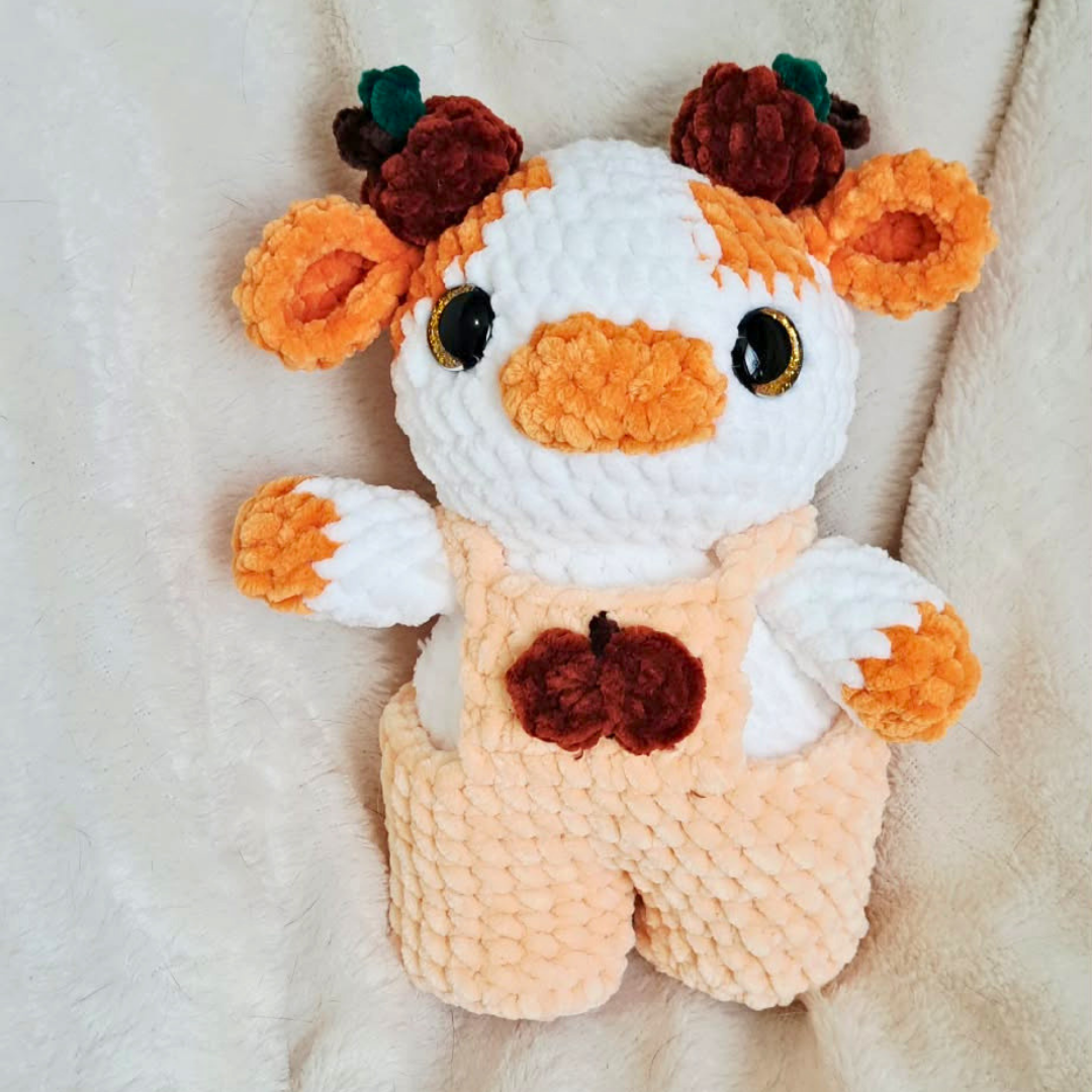 Crochet Pumpkin Cow Plush | Handmade Fall Cow Amigurumi | Autumn Pumpkin Plushie | Cute Cow in Overalls | Fall Gift