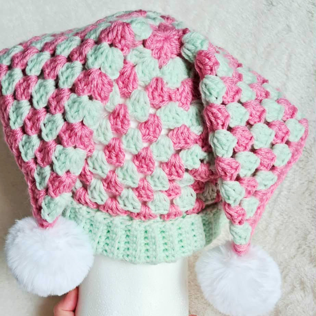 Crochet Hexi-Jester Hat β Handmade Whimsical Pom Pom Hat