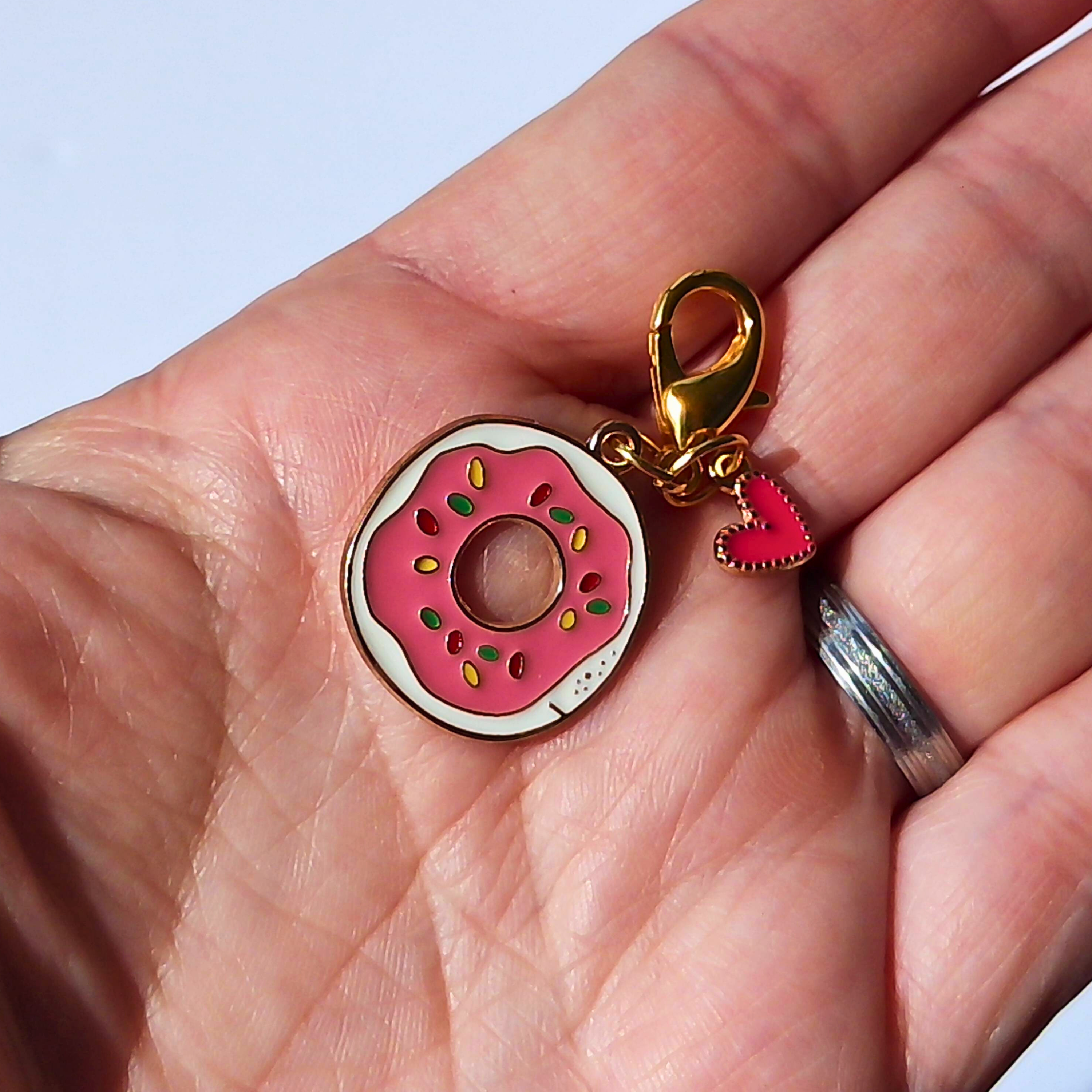 Mini Donut Zipper Pull Charm | Enamel Accessory with Tiny Pink Heart