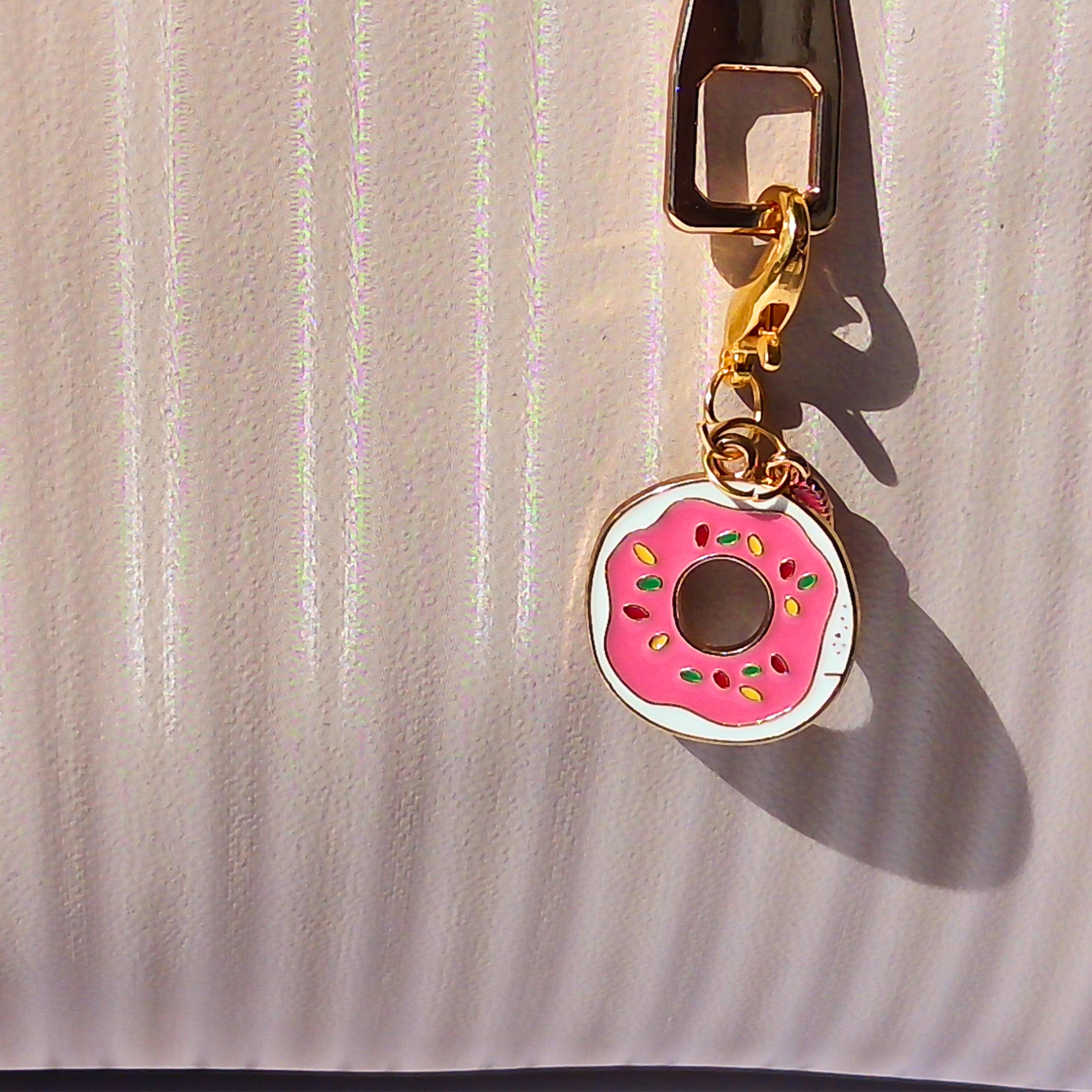 Mini Donut Zipper Pull Charm | Enamel Accessory with Tiny Pink Heart