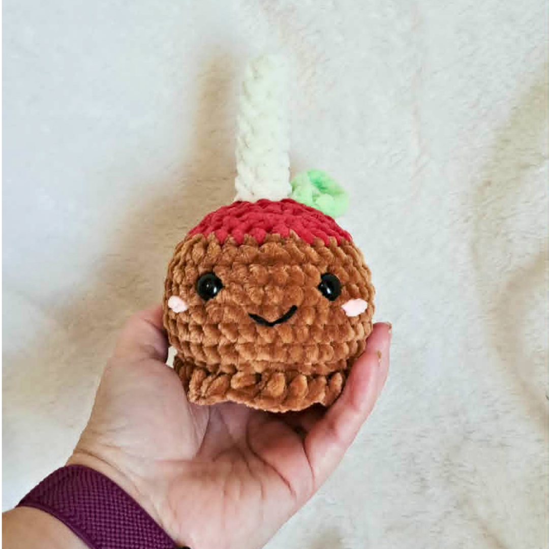 Crochet Candy Apple Plushie | Weighted Apple Stuffed Animal | Kawaii Crochet Food | Handmade Fall Plush | Cute Caramel Apple Decor