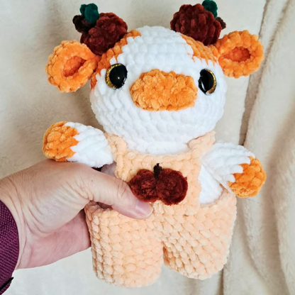Crochet Pumpkin Cow Plush | Handmade Fall Cow Amigurumi | Autumn Pumpkin Plushie | Cute Cow in Overalls | Fall Gift