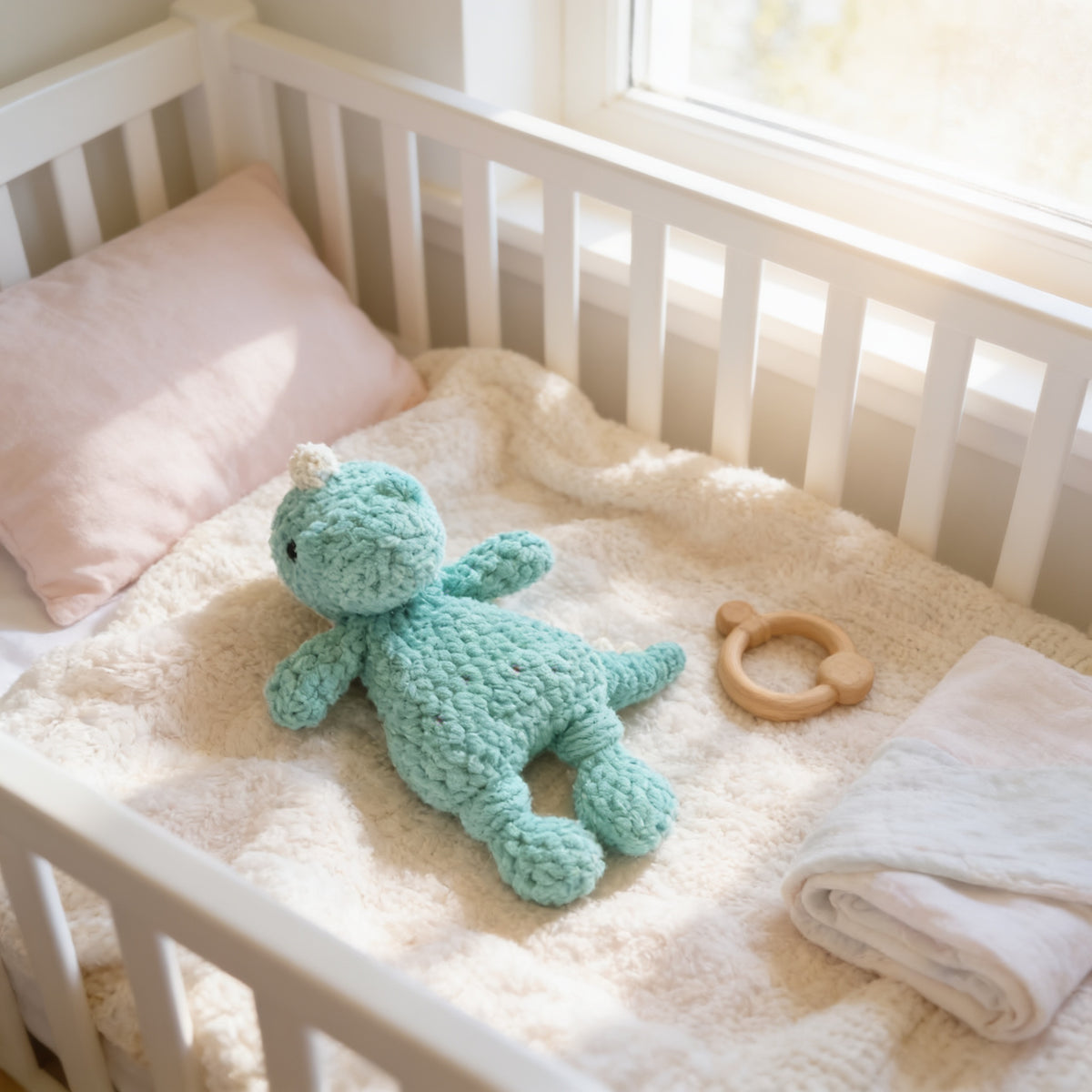 A cozy white crib with a plush green knotted dino lovey and a wooden teething ring on the bed.