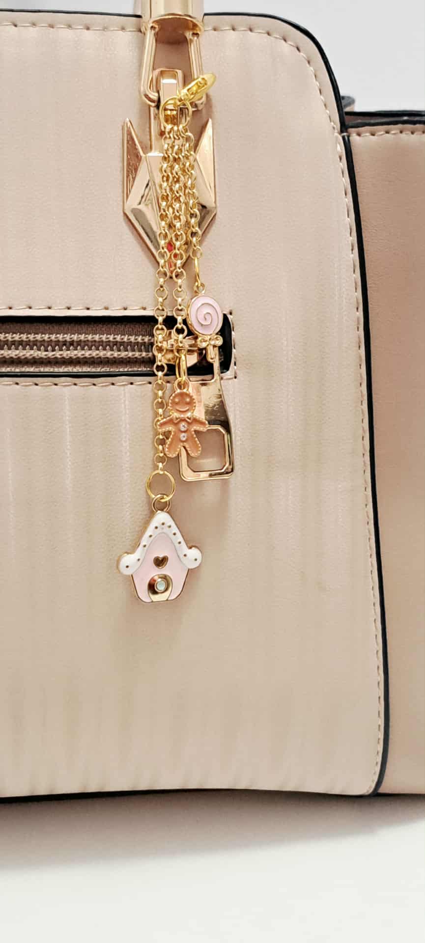 Gingerbread Cottage Zipper Charm – Pastel Pink Holiday Accessory