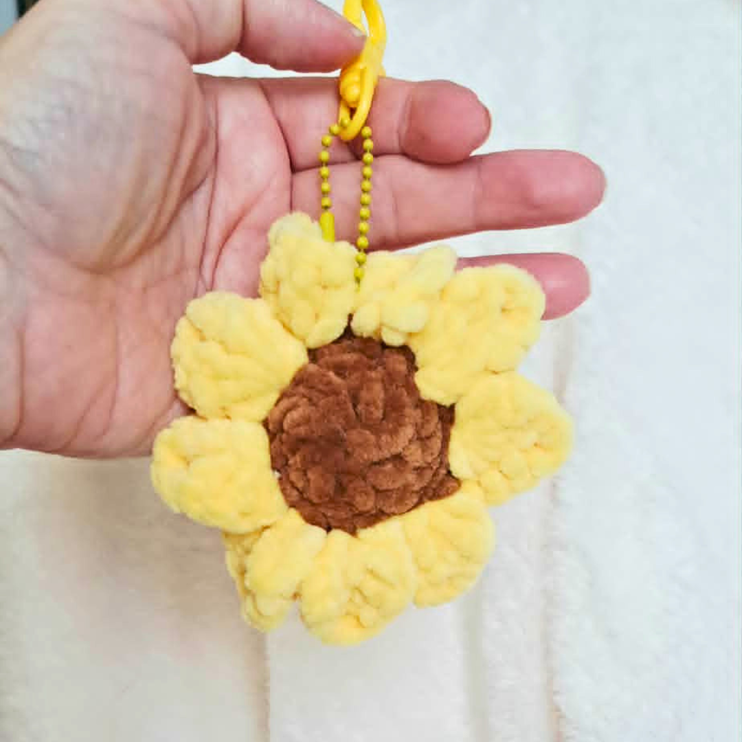 Crochet Sunflower Keychain | Plush Flower Bag Charm | Handmade Chenille Sunflower | Cute Floral Keychain