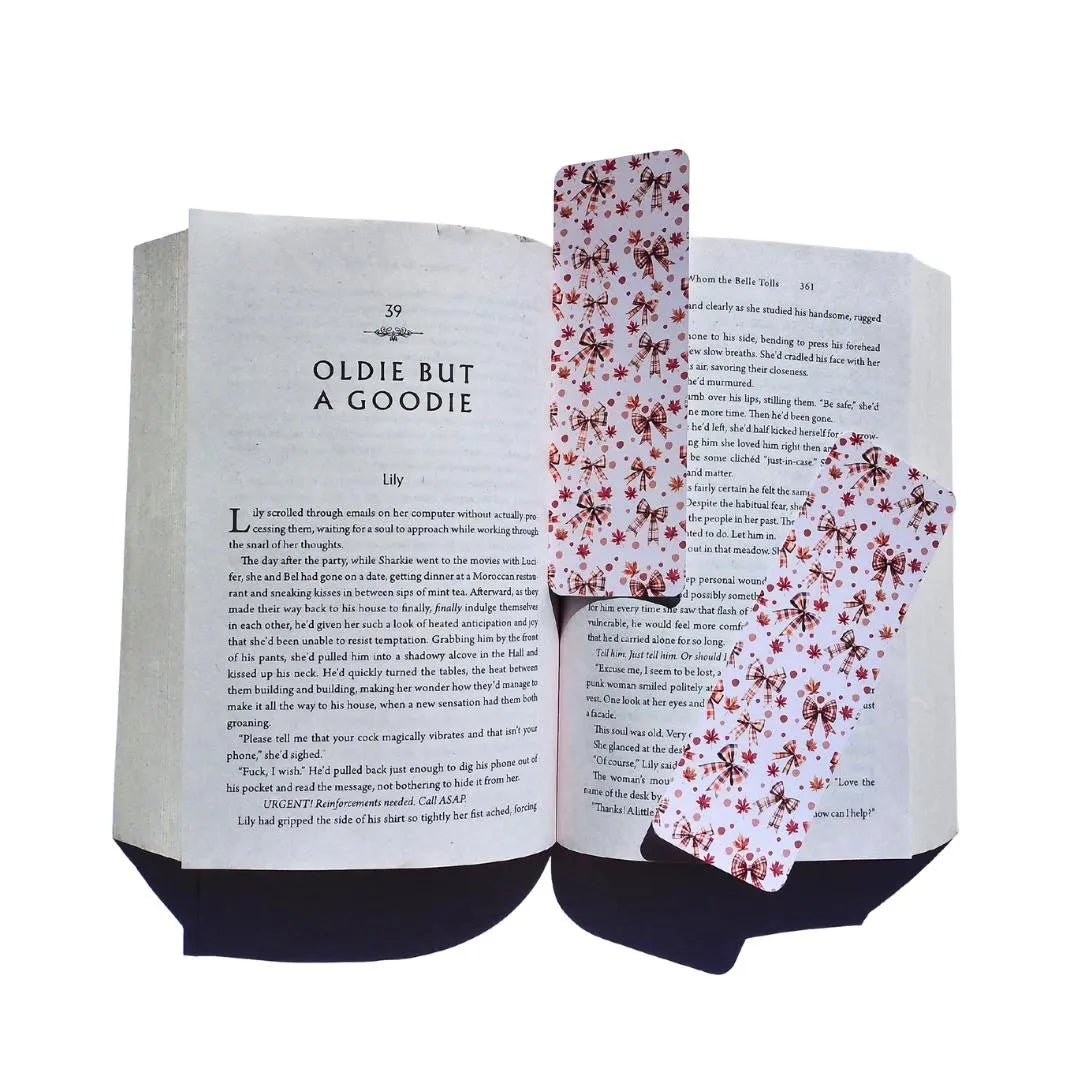 Glossy Finish Autumnal Plaid Bow Bookmark | Fall Leaves and Bows
